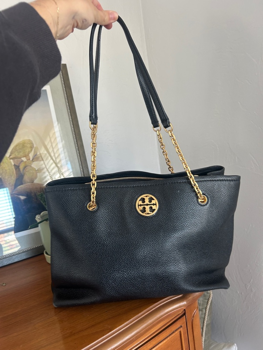 Tory Burch Black Pebbled Leather Tote with Gold Chain Hardware - Picture 2 of 5